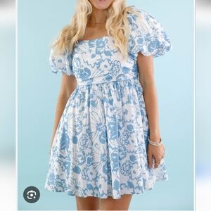 AUREUM NWT Blue and White Puff Sleeve Floral Mini Dress Size Medium